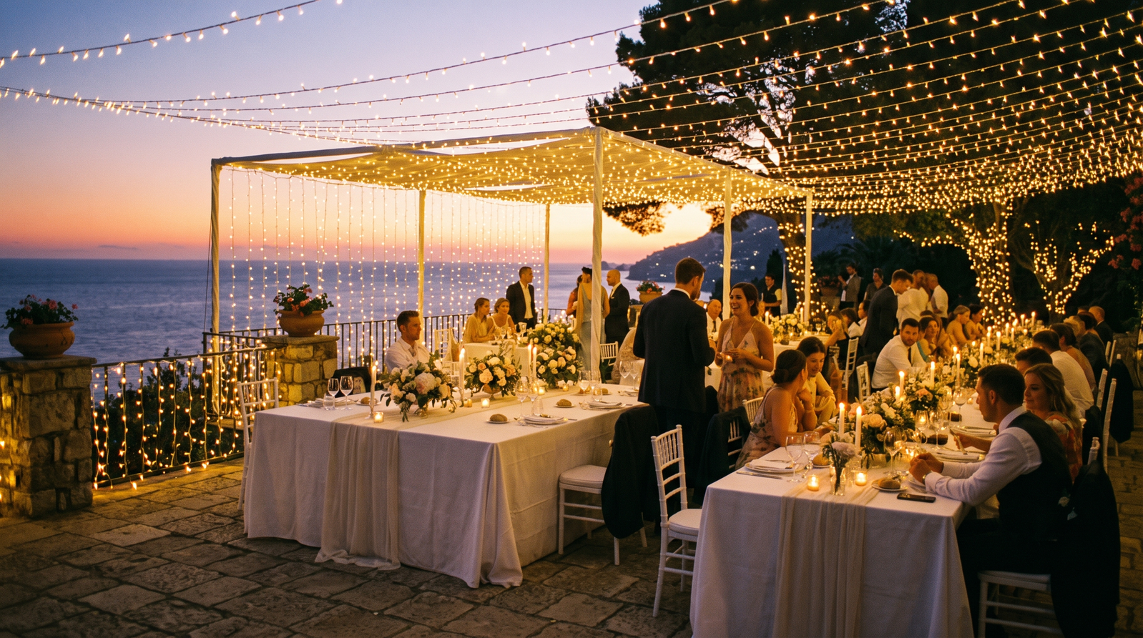 Beachfront wedding arch decorated with white flowers at sunset over Banderas Bay