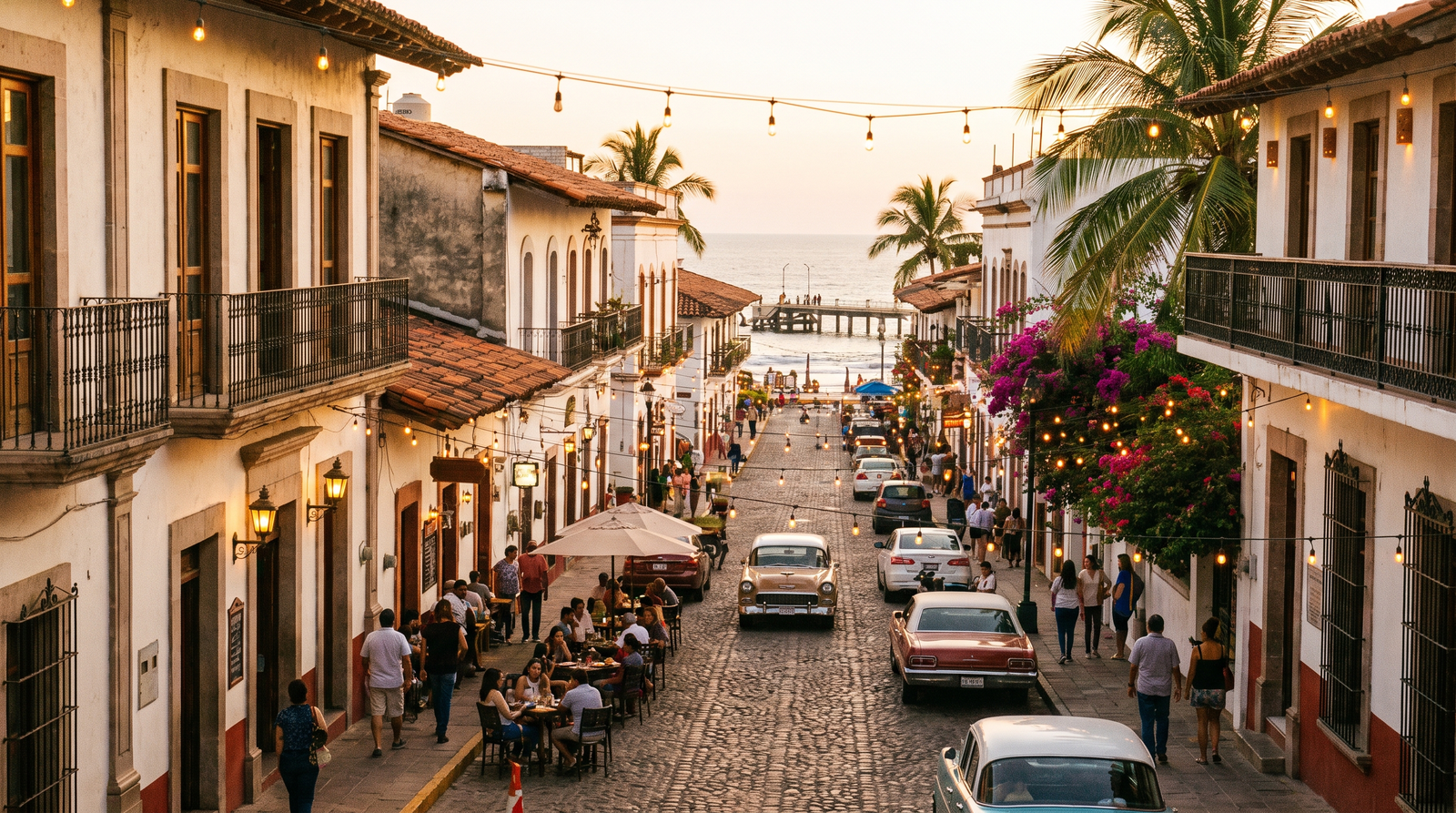 Small business storefronts along a downtown Puerto Vallarta street