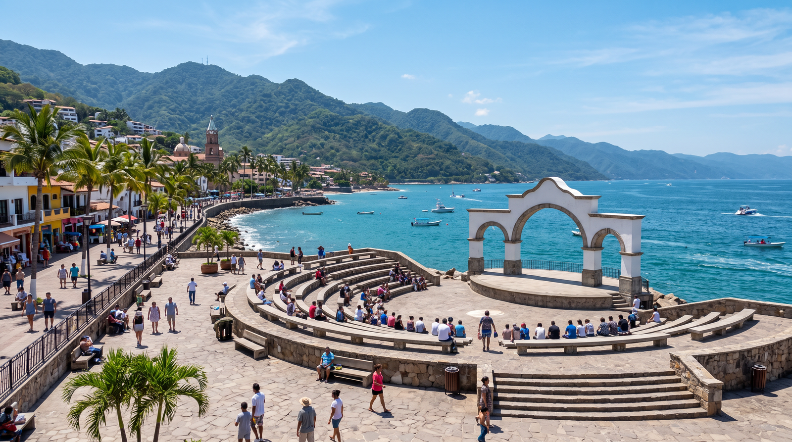 The Malecón boardwalk in Puerto Vallarta lit up at night with bars and crowds
