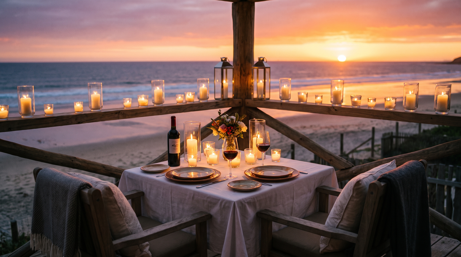 Candlelit dinner table on an open-air terrace overlooking Banderas Bay at sunset