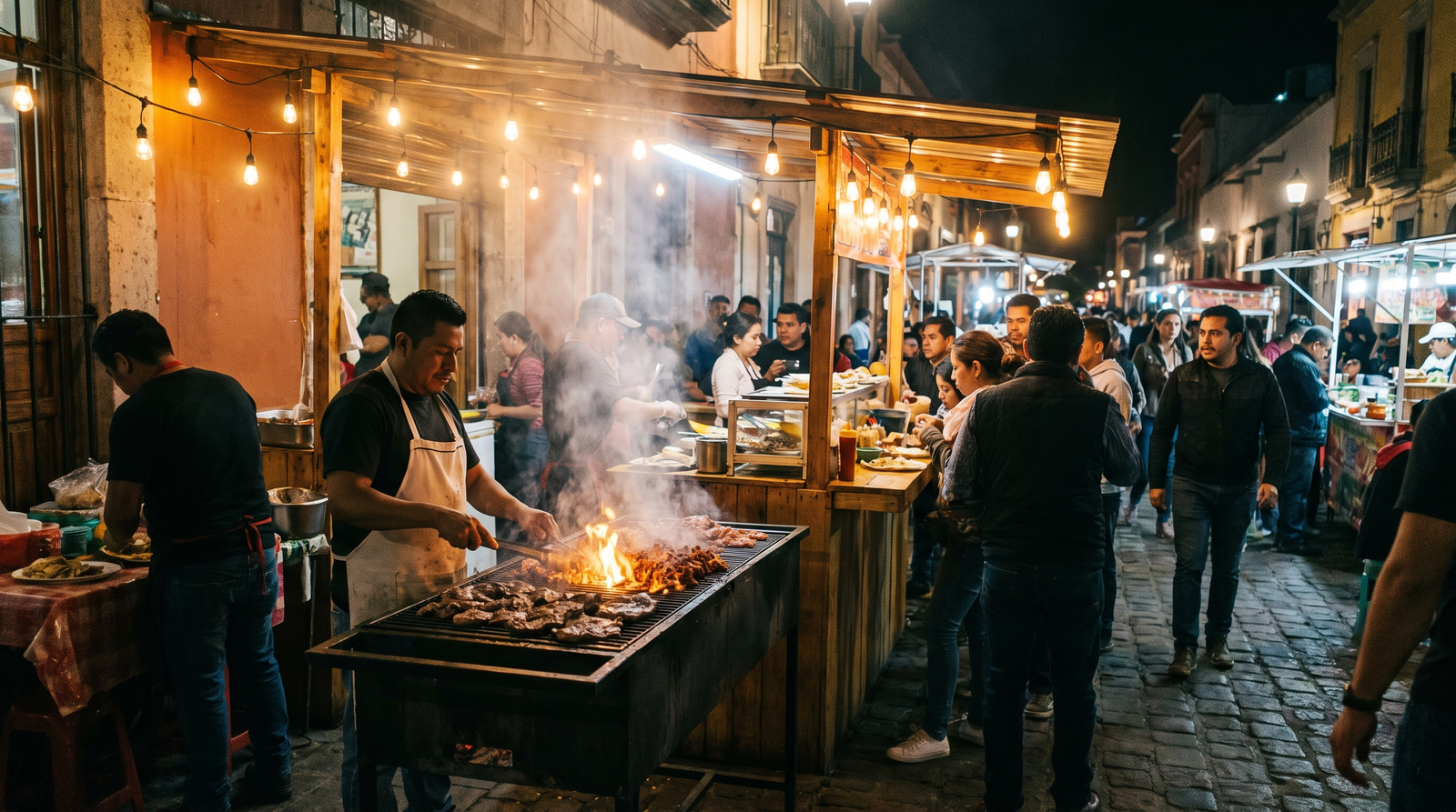 Street taco stand grilling meat at night in Puerto Vallarta